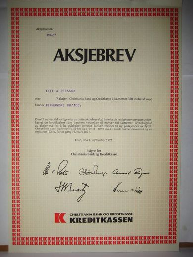 KREDITKASSA,  5 stk. aksjer, 1975, aksjebrev nr.  79427