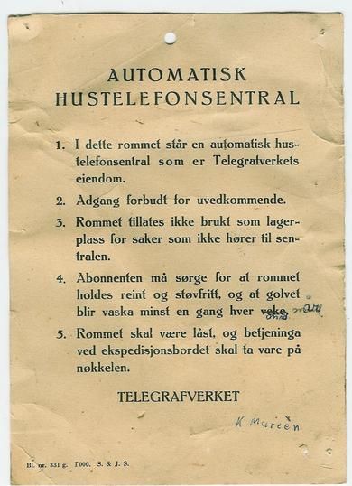 Skriv fra TELEGRAFVERKET. Reglar for bruk av automatisk hustelefon.         50 tallet.