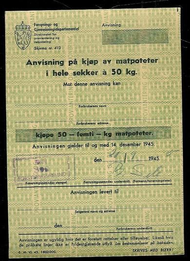 Anvisning på kjøp av matpoteter i hele sekker a 50 kg, 1945,  KINN Forsyningsnemnd, 20/9  1945.