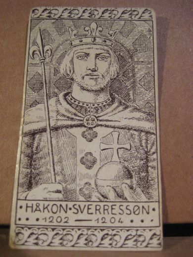 Historiske personer: Norges kongerekke, 1202 -1204, HÅKON SVERRESSØN, samlebilde fra 20-30 tallet, låg i tobakseskene på den tid.