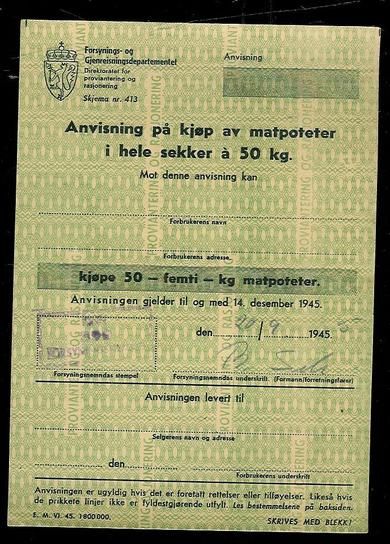 Anvisning på kjøp av matpoteter i hele sekker a 50 kg, 1945,  KINN Forsyningsnemnd, 20/9  1945.