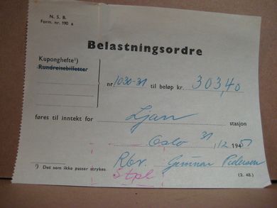 Belastningsordre fra N.S.B.,form. nr 190a.