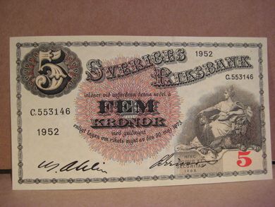 1952, 5 KRONOR, strøken seddel