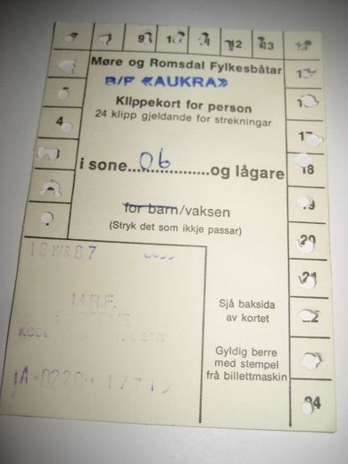 Klippekort for vaksen. B/F AUKRA. 18. MARS 1987.