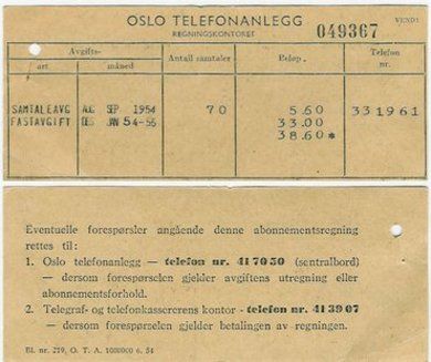 Kvitering fra OSLO TELEFONANLEGG for samtaleavgift i 1954