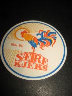 Strøken etikett fra SÆTRE KJEKS, mai 1980. Ca 8 cm i diameter. 