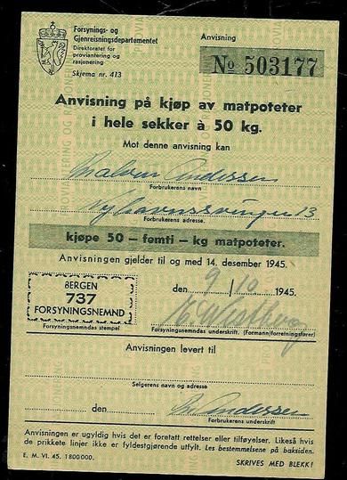 Anvisning på kjøp av matpoteter i hele sekker a 50 kg, 1945, No. 503177