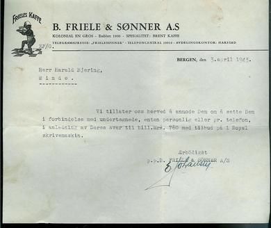 Brev fra B. Friele & Sønner, Bergen, 3. april 1943