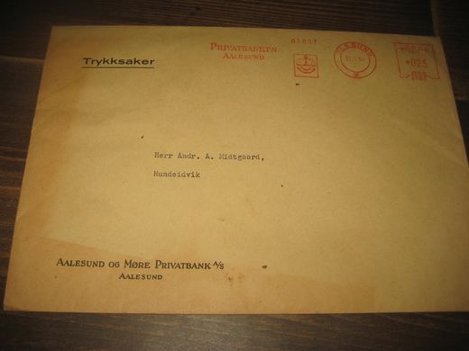 ÅLESUND 31.1.56. Fra Aalesund og Møre Privatbank, Aalesund, stempla Privatbanken AALESUND.