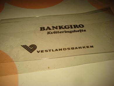 Plastlomme for BANKGIRO kviteringshefte, fra Vestlandsbanken, 60 tallet