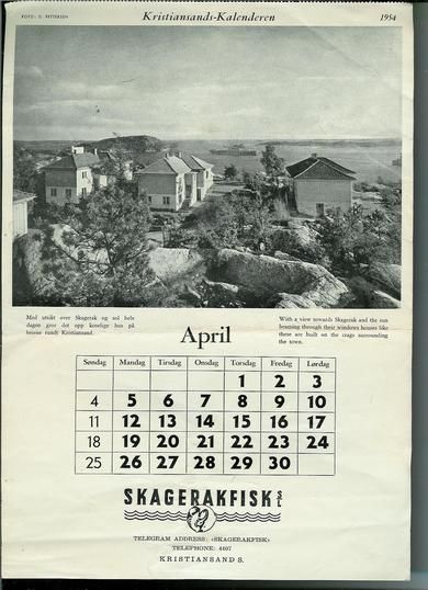 1954, april, ark fra Kristiansands kalenderen.