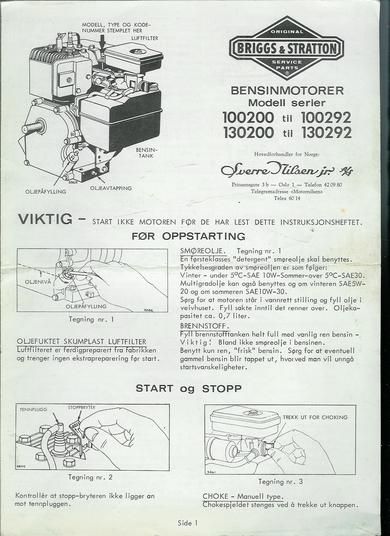 Bruksanvisning til Briggs & Statton Bensinmotorer, 70 tallet