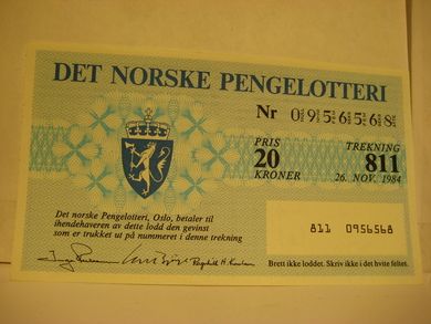 1984, trekning 811,                  DET NORSKE PENGELOTTERI.            Nr. 0956568.