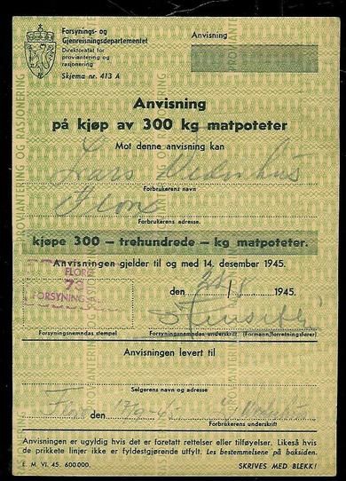 Anvisning på kjøp av 300 kg matpoteter , 1945,  FLORØ Forsyningsnemnd, 28/8  1945.