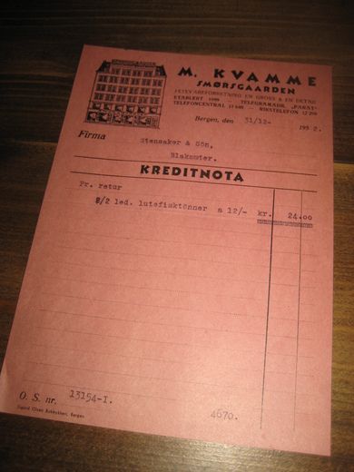 M. KVAMME, BERGEN. KREDITNOTA. 31.12. 1952.13154-1