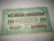 1942, DET NORSKE PENGELOTTERI, 5 kr, halvlodd, meget pent,  trekning 289, nr 171924. 