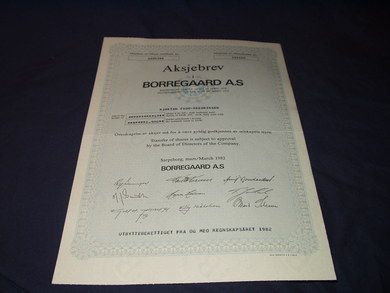 Aksjebrev i BORREGAARD A.S  1982