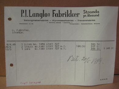 Faktura fra P. I. Langlos Fabrikker, Stranda pr. Ålesund. 9.4.49.