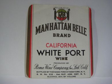 MANHATTEN BELLE. CALIFORNIA WHITE PORT WINE.