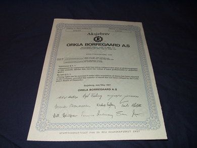 Aksjebrev ORKLA BORREGAARD A.S  1987