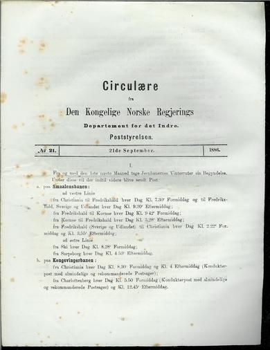 1886,nr 021, Circulære fra Den Kongelige Norske Regjerings Departement for det Indre. Poststyrelsen.