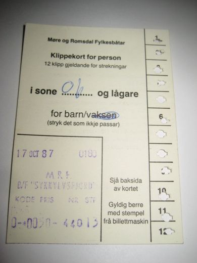 Klippekort for barn. B/F SYKKYLSFJORD.17. OKTOBER 1987.