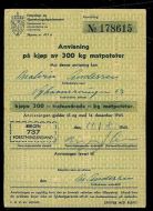 Anvisning på kjøp av 300 kg matpoteter , 1945,  BERGEN Forsyningsnemnd, 31/8 1945.