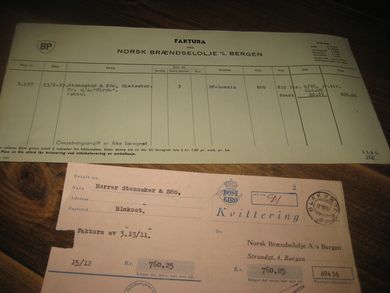 NORSK BRÆNDSELOLJE, BERGEN. 23.2.1953. B.197. Samt postgiro innbetalingsblankett stempla BLAKSÆTER. 