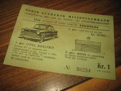 Pen loddseddel ftra NORSK LUTHERSK MISJONSSAMBAND, 1958, dette er lodd nr 30254.