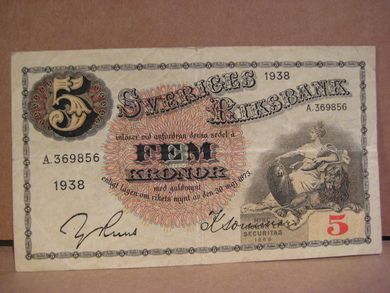 1938, 5 KRONOR, pen med bretter