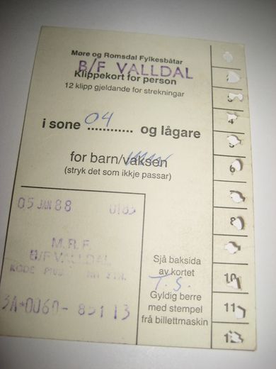 Klippekort for barn. B/F VALLDAL. 5. JANUAR 1988.