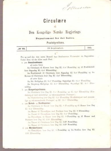 1885,nr 022, Cirkulære fra Den Kongelige Norske Regjerings Marine- og Post- Departement.