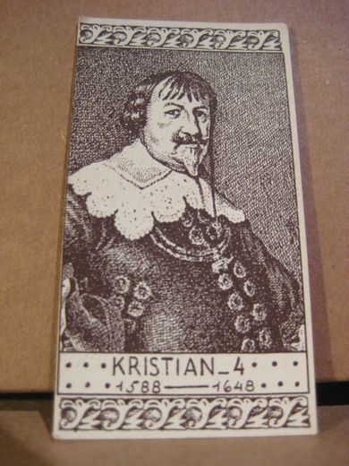 Historiske personer: Norges kongerekke, 1588 -1648, KRISTIAN 4, samlebilde fra 20-30 tallet, låg i tobakseskene på den tid.