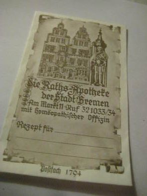 Tysk rezept konvolutt fra gamle dager, DIE RATHS APOTHEKE, BREMEN