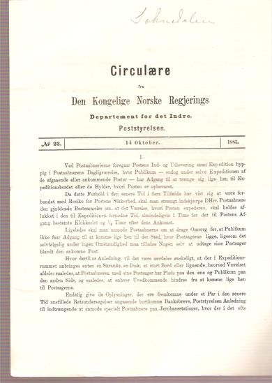 1885,nr 023, Cirkulære fra Den Kongelige Norske Regjerings Marine- og Post- Departement.