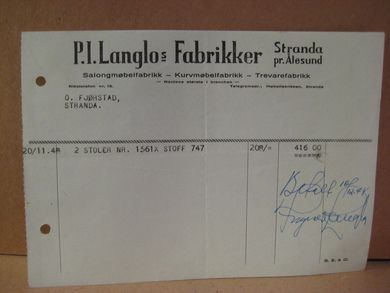 Faktura fra P. I. Langlos Fabrikker, Stranda pr. Ålesund. 20.11.48.