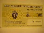 1985, trekning 818,                  DET NORSKE PENGELOTTERI.            Nr. 0073877.