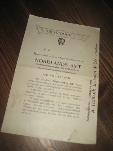 Subskribsjonsindbydelse for NORDLANDS AMT, fra Aschehoug & Co. 1907.