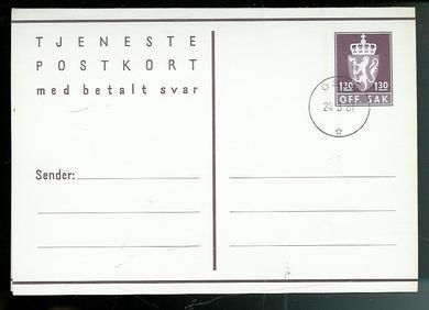 OFF.SAK. TJENESTE POSTKORT stempla 24.3. 1981. Kort med betalt svarkort..