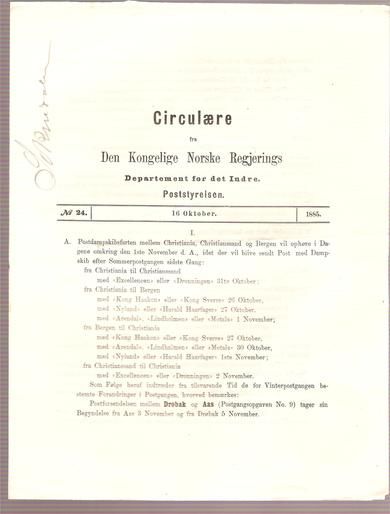 1885,nr 024, Cirkulære fra Den Kongelige Norske Regjerings Marine- og Post- Departement.