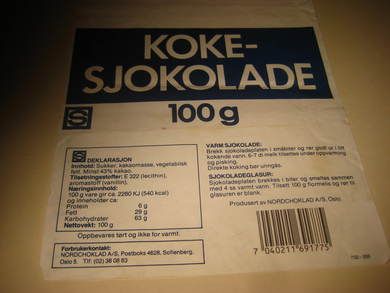 Papiret til KOKESJOKOLADE, 80 tallet.