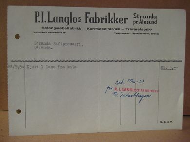 Faktura fra P. I. Langlos Fabrikker, Stranda pr. Ålesund. 28.9.50.