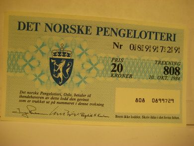 1984, trekning 808,                  DET NORSKE PENGELOTTERI.            Nr. 0899729.