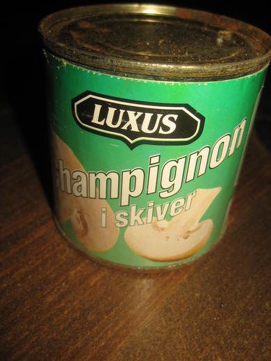 Boks uten innhold, LUXUS Champignon i skiver, fra Terje Høili, Fredrikstad, 70-80 tallet.