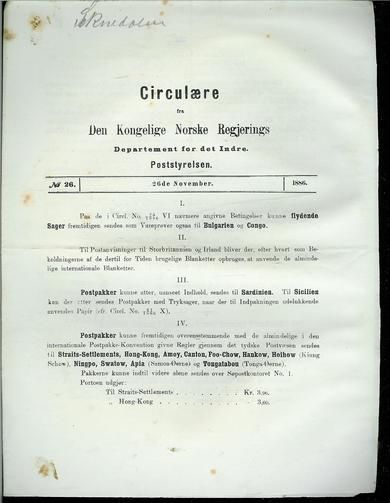 1886,nr 026, Circulære fra Den Kongelige Norske Regjerings Departement for det Indre. Poststyrelsen.