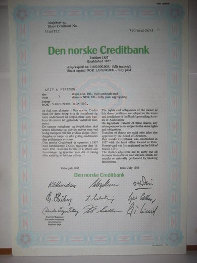 Den norske Creditbank, 7  aksjer, 1985, aksjebrev  nr 1108122