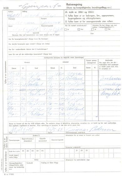 1968, Reiserekning fra NSB. Blankett nr 17 000.