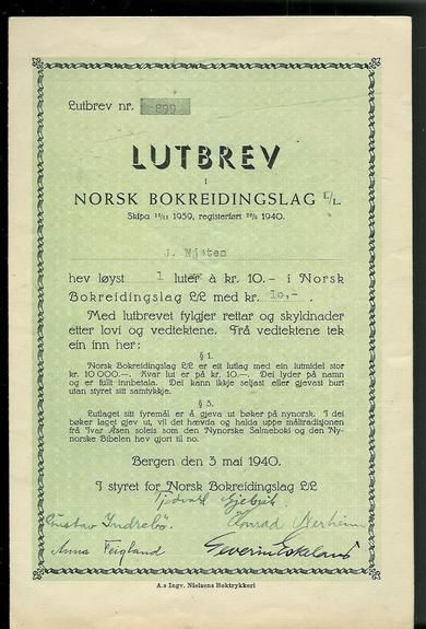 NORSK BOKREIDINGSLAG, 1940.