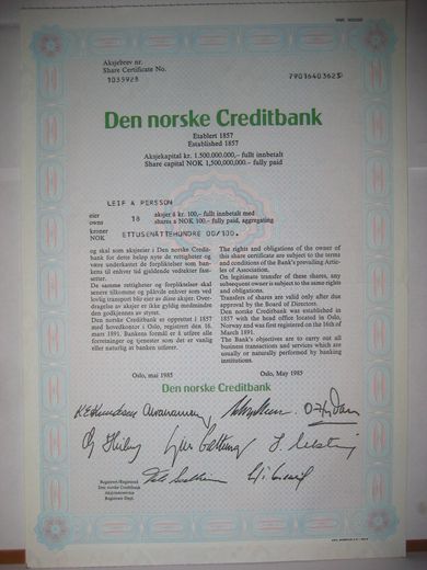 Den norske Creditbank, 18  aksjer, 1985, aksjebrev  nr 1035928