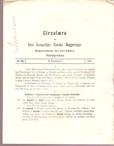 1885,nr 026, Cirkulære fra Den Kongelige Norske Regjerings Marine- og Post- Departement.